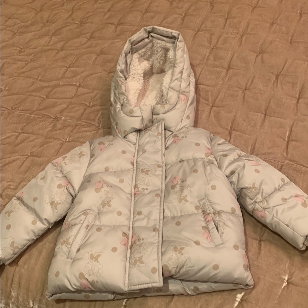 GAP Cream and Pink Minnie Mouse Puffer Jacket